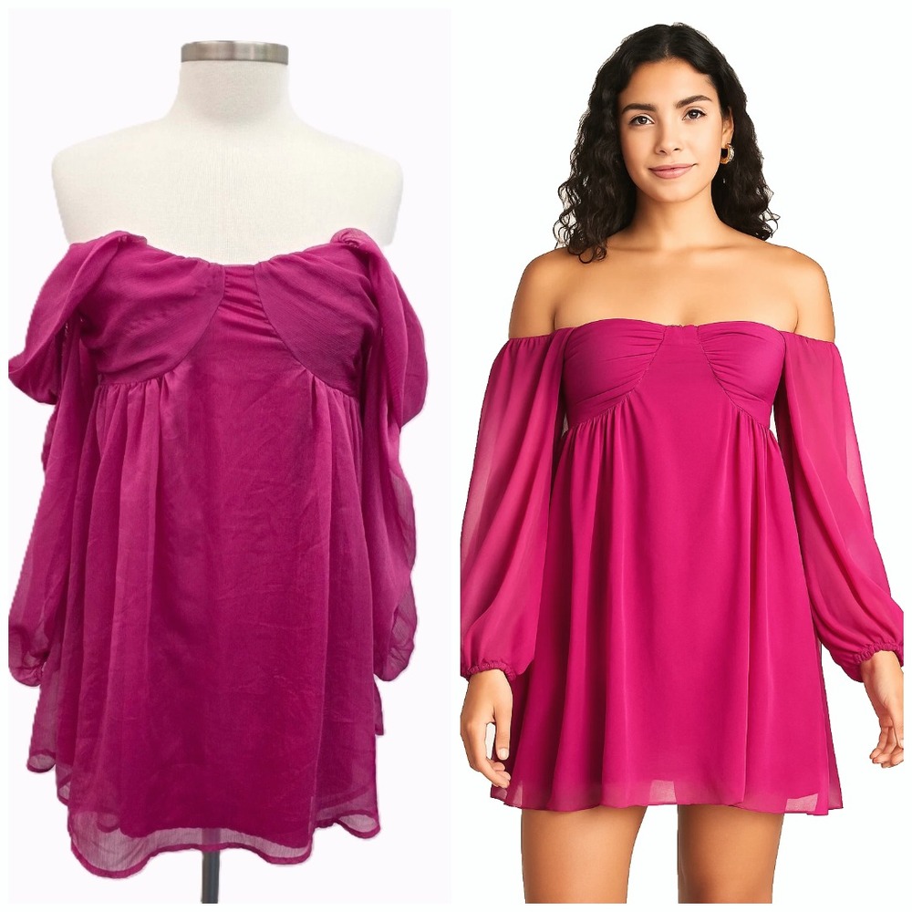 Lulus Womens S Fuchsia Off Shoulder Chiffon Babydoll Dress Sheer Sleeve Romantic